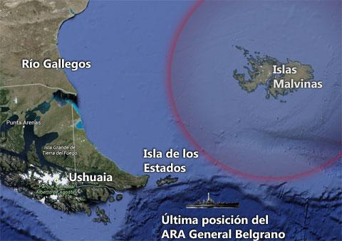 Posicin del ARA General Belgrano al momento del hundimiento
